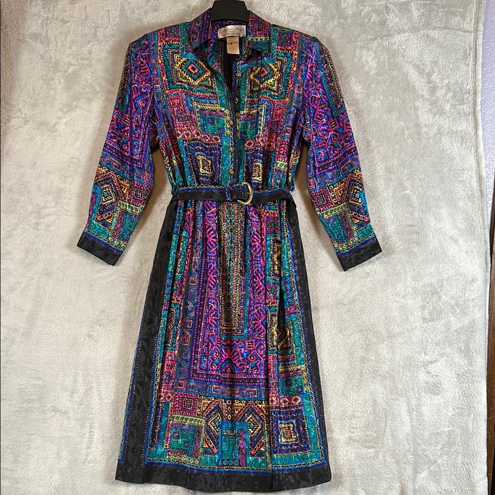 VTG California Designs By Dorothy Samuel Jacquard Abstract print Belted Dress 6P